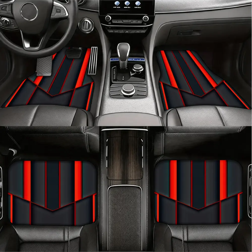Sporty, Car Floor Mats, Red And Black Geometric Pattern, Premium Leather With Stitching Detail, Universal Fit For Sedans And Suvs, 4 Piece Set
