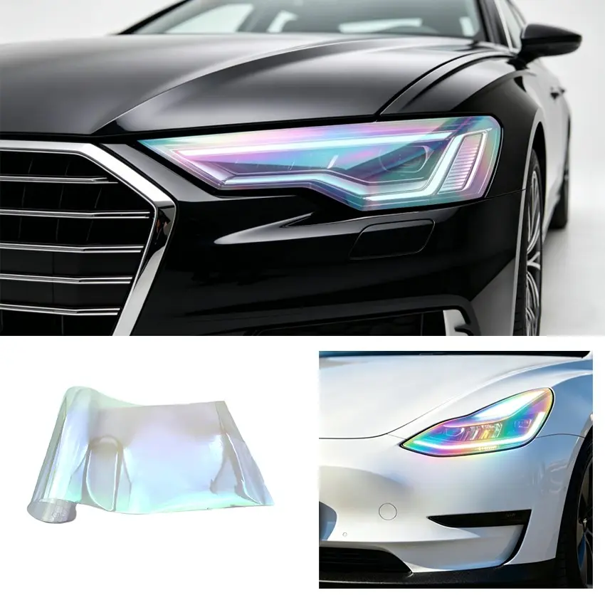 Chameleon Car Headlight Film, Transparent Vinyl Protective Membrane, Self-Adhesive Waterproof, UV Resistant, UV Protection, Suitable for Various Vehicles, Automotive Vehicle Accessory