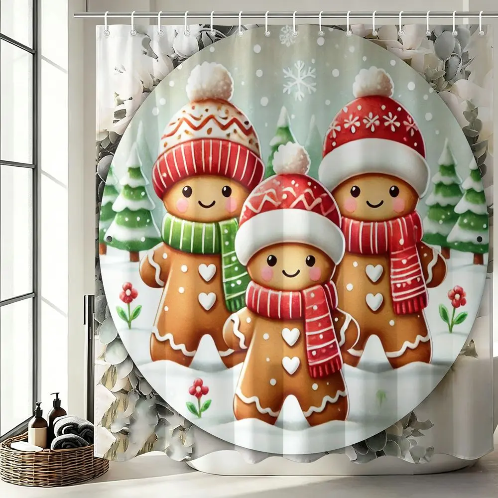 1Pcs Christmas Gingerbread Man Shower Curtain, Cute Holiday Bath Decor Set, Waterproof Cloth Fabric Bathtub Privacy Curtain for Winter Home Bathroom Decoration with 12 Hooks