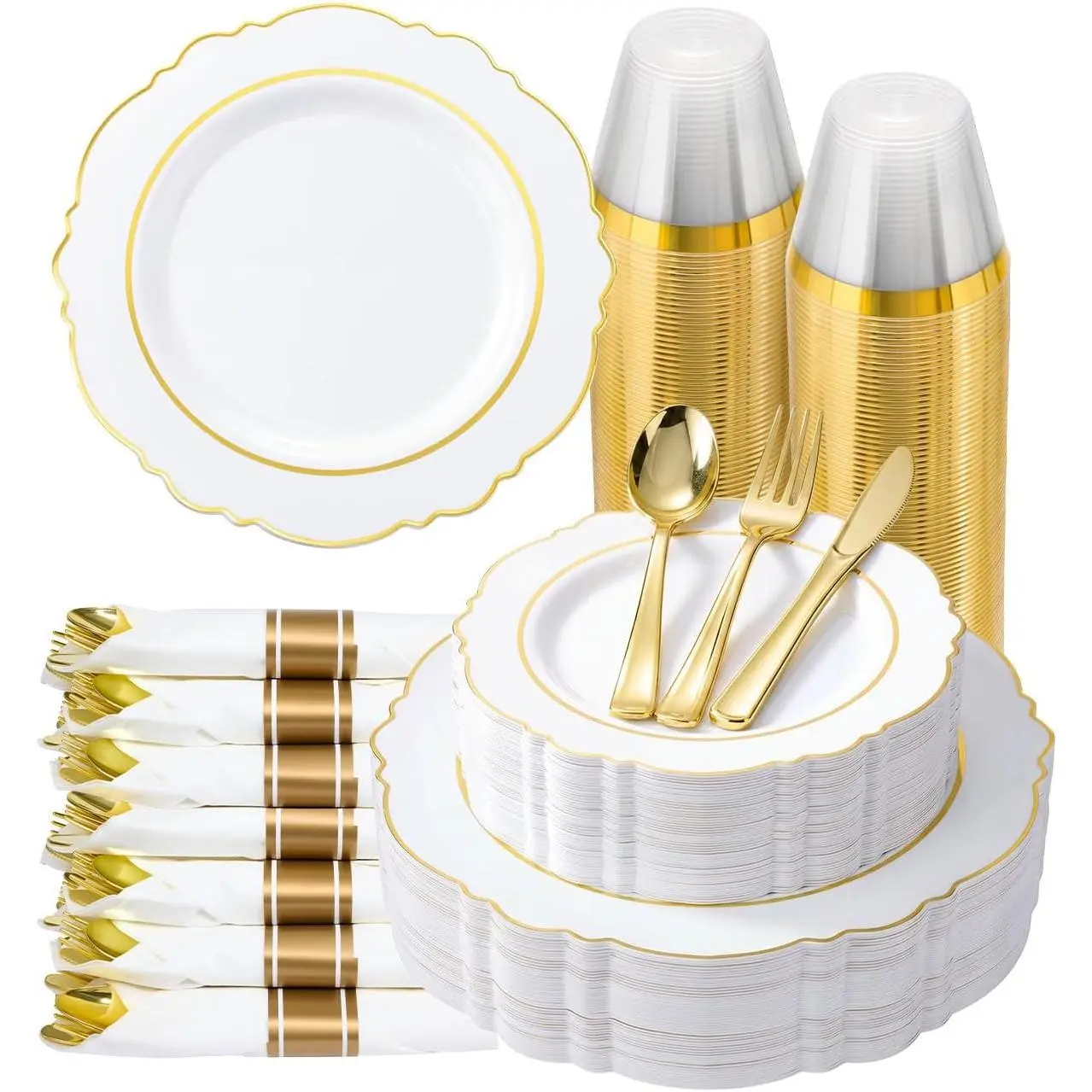350-piece White Gold Plastic Dinnerware Set for 50 Guests, Elegant Disposable for Weddings, Parties, Including 100 Plastic Plates, 50 Pre-Rolled Napkins with Silverware, and 50 Cups