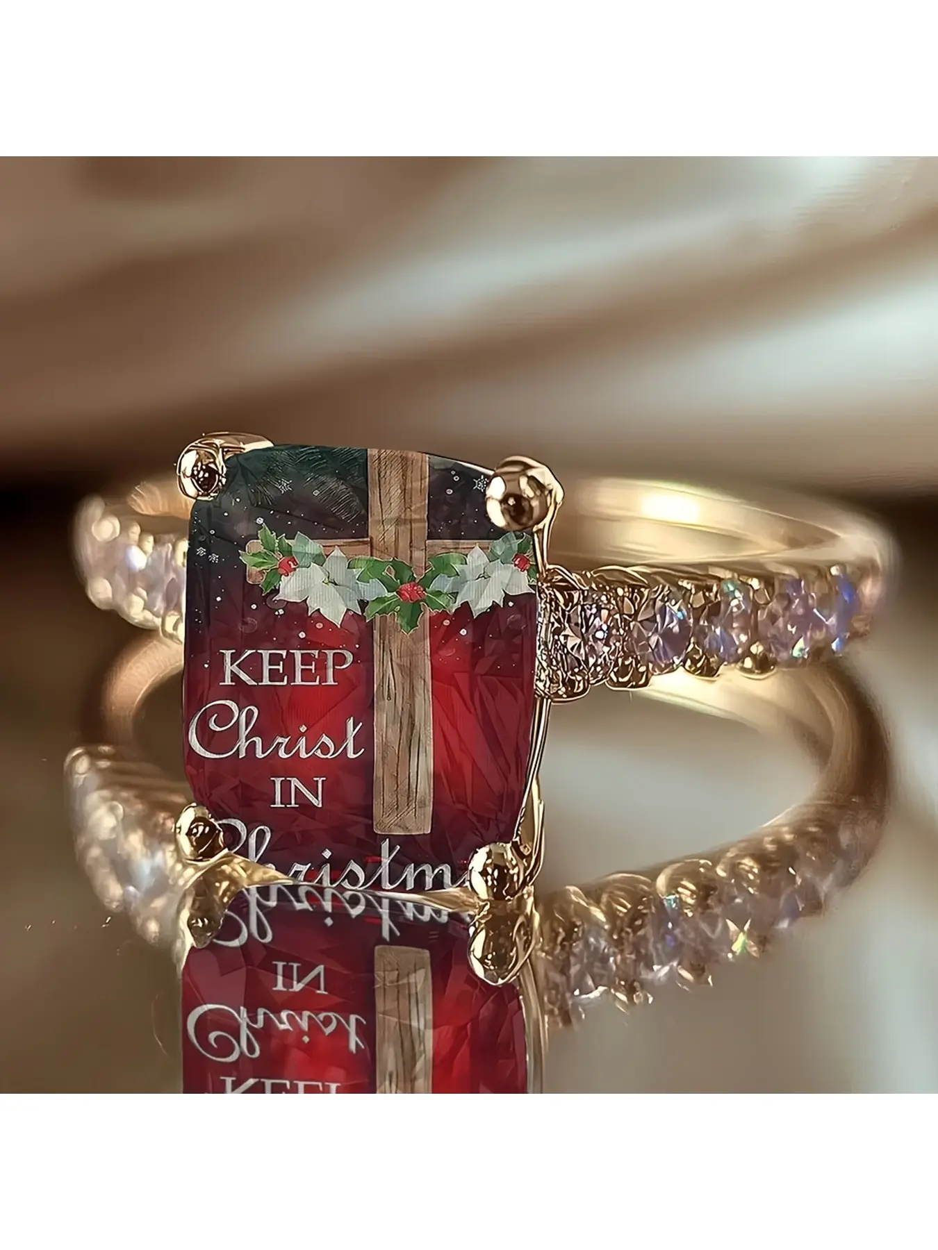 Cross holly text-printed ring, featuring red and green Christmas religious-themed patterns, with the slogan "Keep Christ in Christmas", set with diamonds on the gold band, a fashionable Christmas accessory for believers