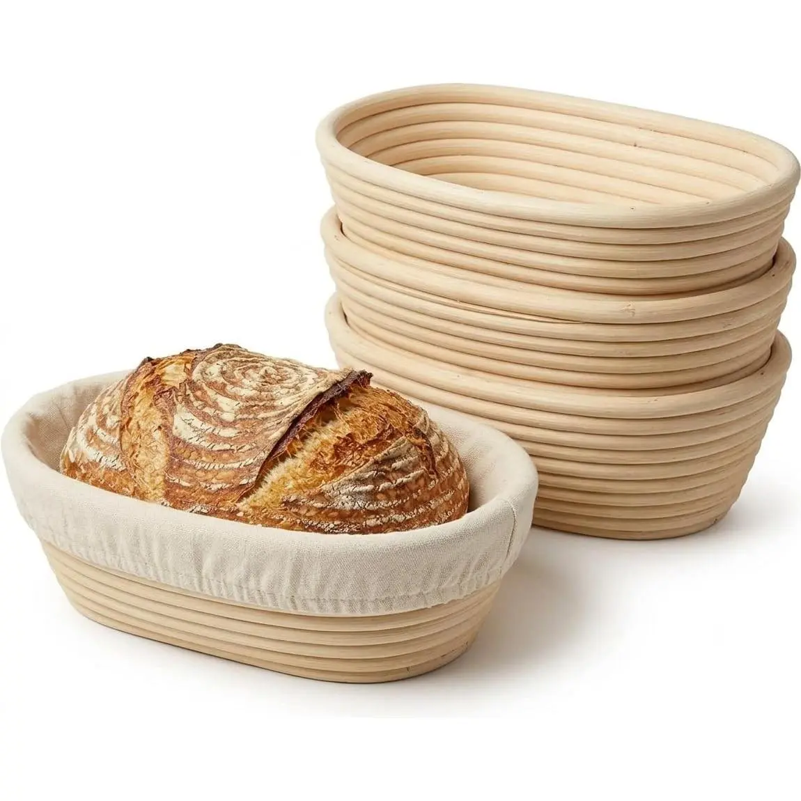 4 Pack Oval Banneton Proofing Basket Set 10 Inch, Natural Rattan Sourdough Bread Baskets with Linen Liners, Artisan Dough Rising Bowls for Home & Professional Bakers (10" Oval, Set of 4)