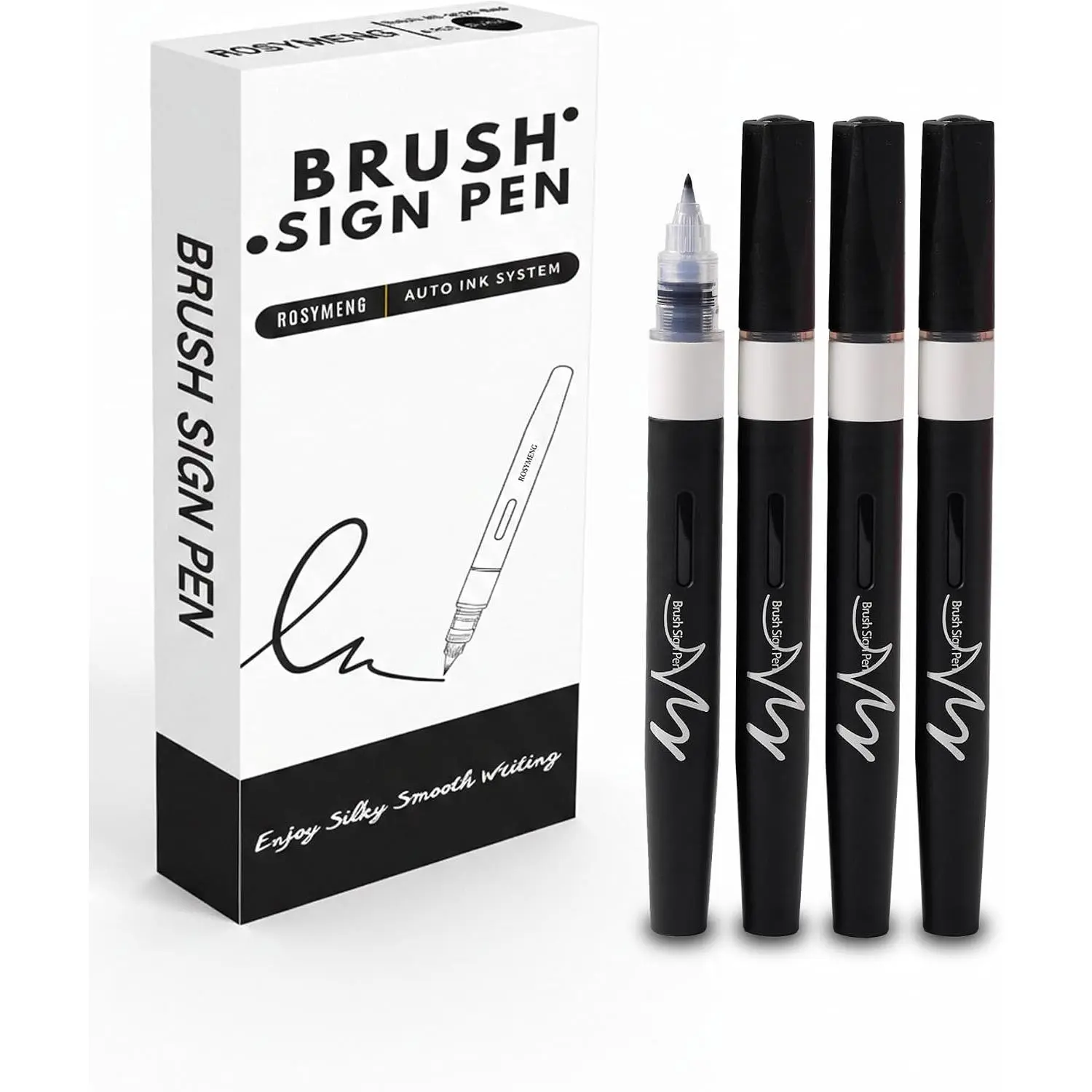 ROSYMENG Calligraphy Brush Pens, 4‑Pack, Soft & Hard Tip Sign Pens Marker | Smooth Ink Flow for Hand Lettering, Art Drawing, Sketching, Scrapbooking, Journaling & Creative Writing