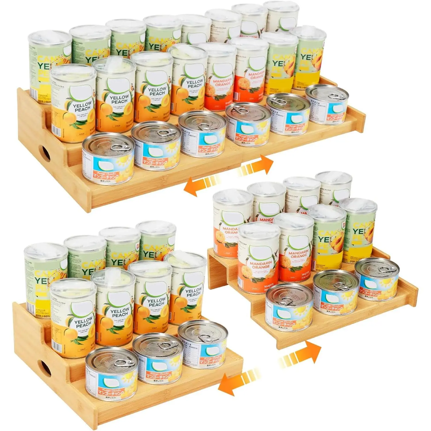 Natural Bamboo Can Rack Organizer, 3 Tier Adjustable Display Shelf for Pantry and Cabinet Organizers, Holds 24 Canned Goods or Soda, Cans