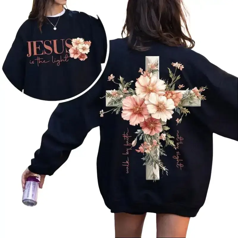 Jesus Is The Light Floral Cross Double Sided Graphic Oversized Cotton Sweatshirt, Faith Christian Fashion Outfit, Perfect Easter Valentine Religious Gift For Her Believer Mom Friend, Soft Comfort Black Long Sleeve Crewneck Sweatshirt