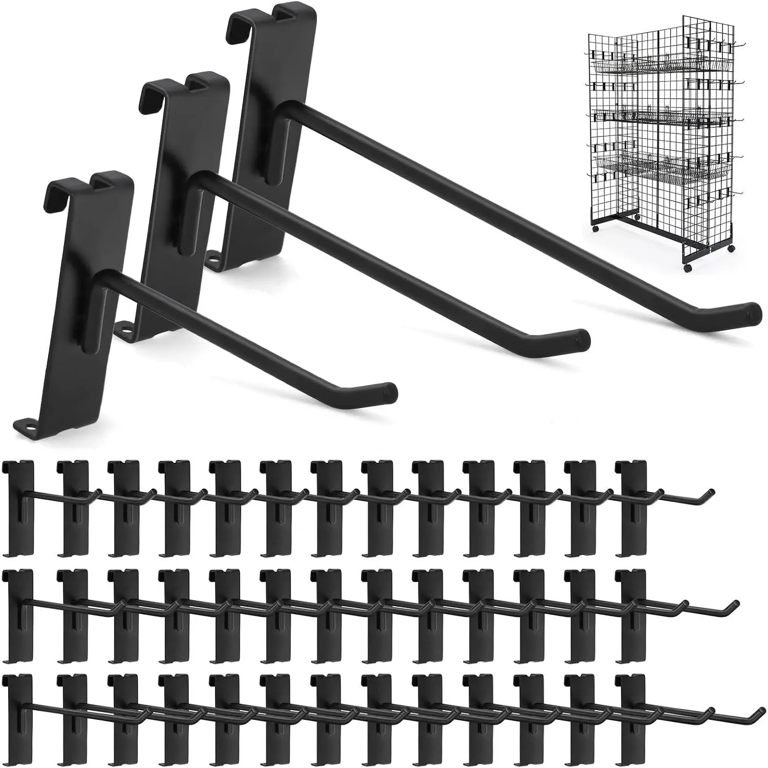 60 Pcs Black Gridwall Hooks, 20 Pcs Each of 4/6/8 Inch, Heavy Duty Hanging Storage Hooks for Grid Wall Panels Wire Grid Rack Accessories