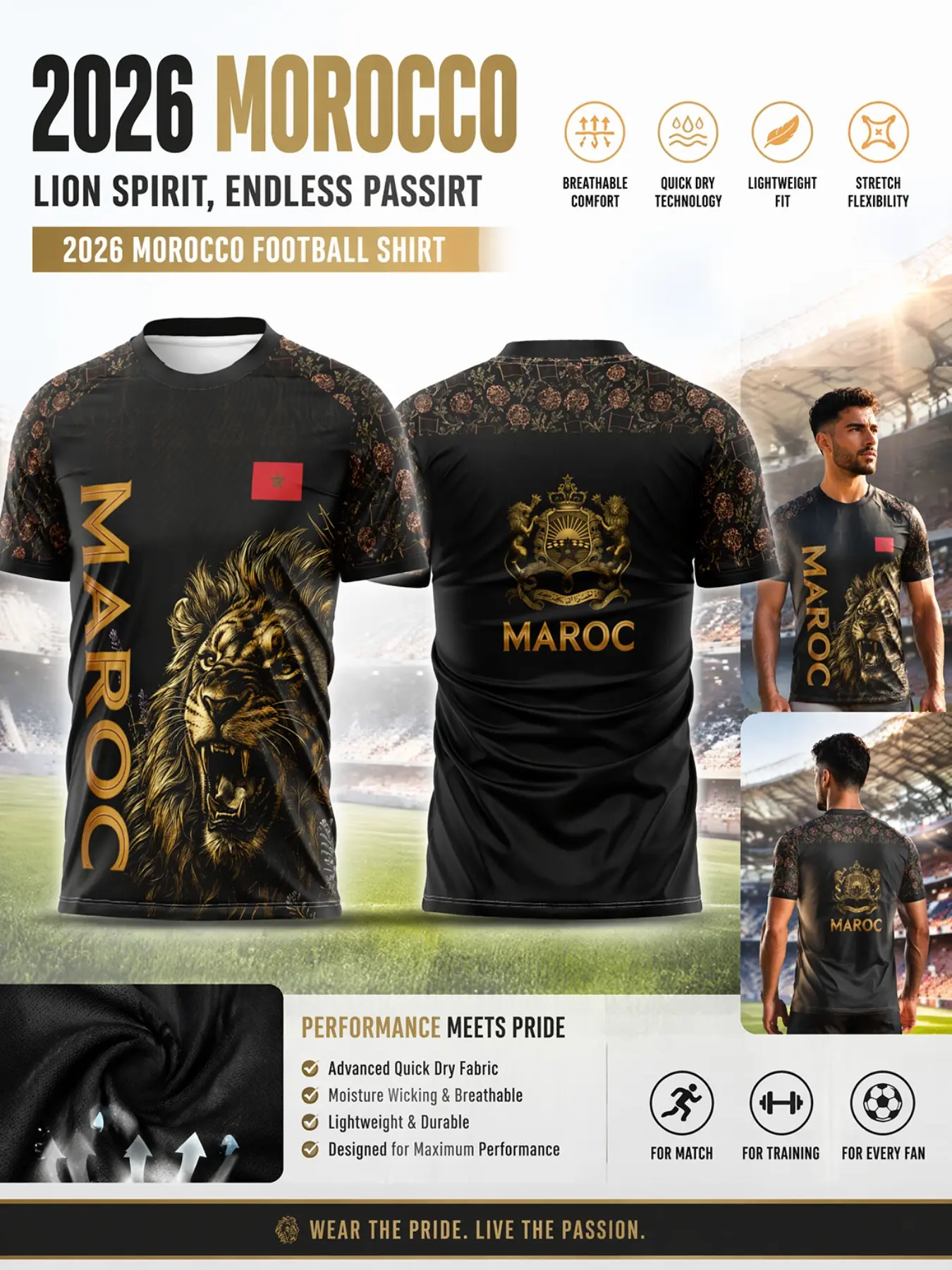 2026 Morocco Soccer Jersey, Mesh Dual Crest North African Flower Print, Quick-Dry Breathable Sportswear, Soccer Shirts, Ideal for Fans and Training