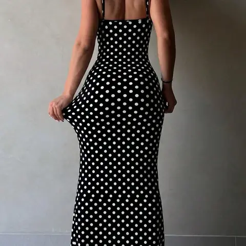 Women's Casual Aesthetic Polka Dot Lace Trim Halter Sleeveless Bodycon Dress, Perfect for Summer, Lovelywholesale Us Fashion