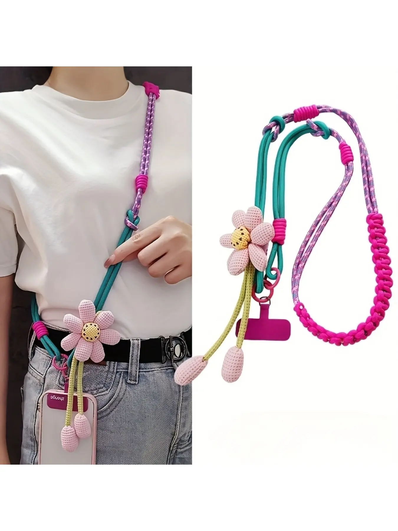 Women's Adjustable Phone Lanyard, Crossbody, Neck and Wrist Strap, Multi-Functional Woven Rope, Fresh Style for Outdoor Travel and Hiking