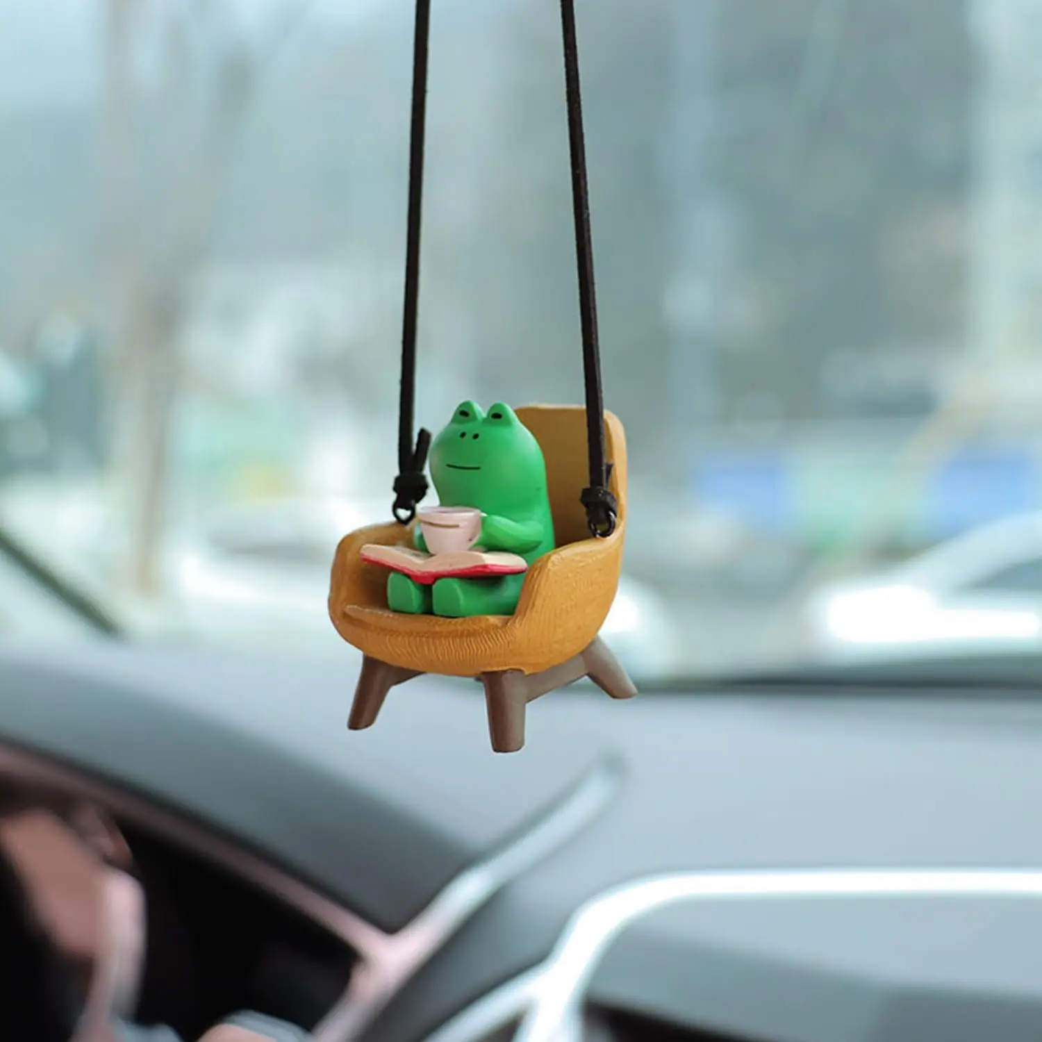 Cute Frog Car Interior Rear View Mirror Accessory - Sofa-Sitting Reading Coffee-Drinking Ornament Pendant with Cute Look, Funny Charm, Long-Lasting Quality for Cars Interior Decor, Safety Aid