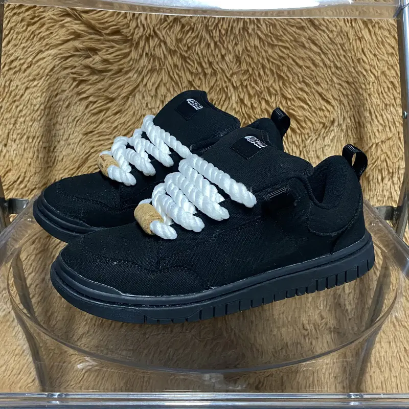 Black Matte Chunky Skate Sneakers, Contrast White Thick Twisted Rope Laces Platform Board Shoes with Wooden Lock, Unisex Street Casual Walking Sneakers for Men Women Teens