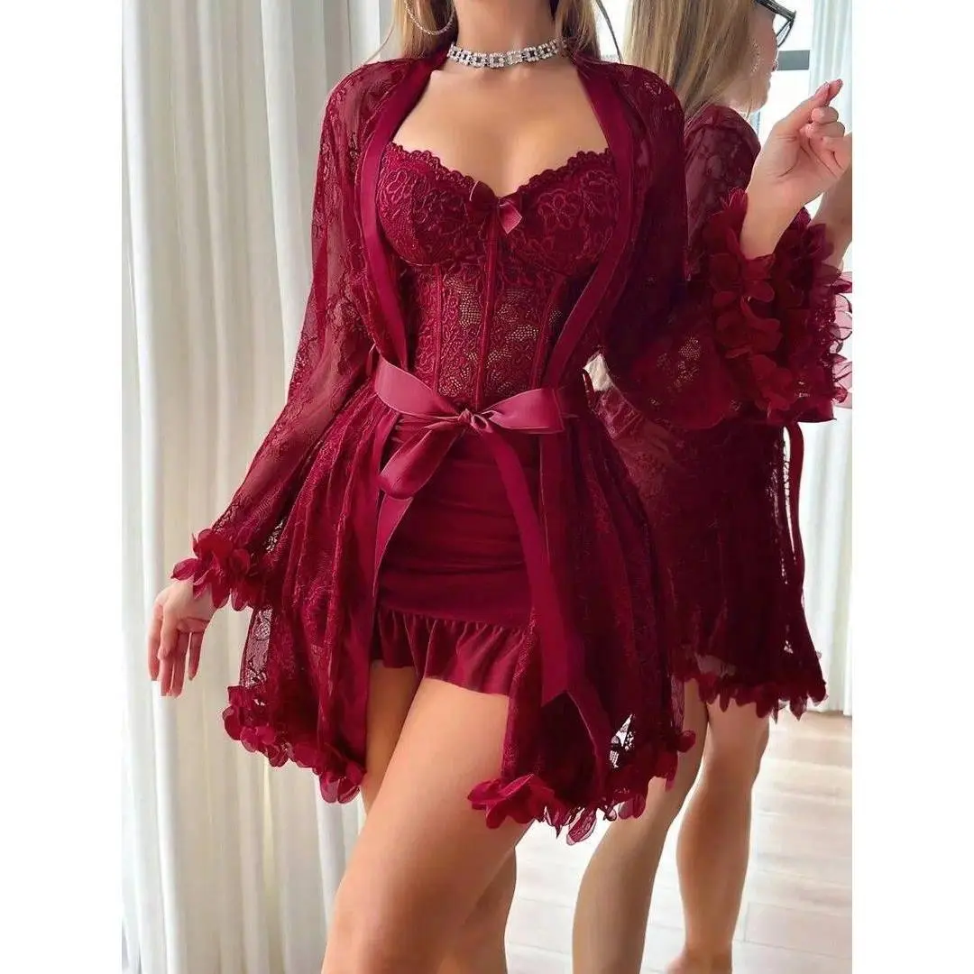 Women’s 2 Piece Lace Lingerie Set, V Neck Mesh Bodysuit and Chemise Nightgown, Sexy Nightie Sleepwear