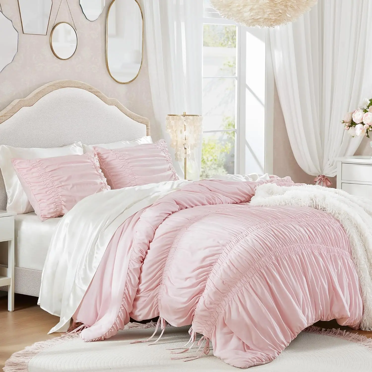 Intelligent Design Queen Comforter Set Ruched Shabby Chic Comforters for Queen Size Bed, All Season Lightweight Comforter Queen, French Country Bedding Set, Shams, Full/Queen, Pink 3 Piece