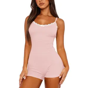 Soft Pajamas for Women Summer Sleep Romper U Neck Sleeveless Lace Romper Sexy Pjs Cute Loungewear Sleepwear(Gift)