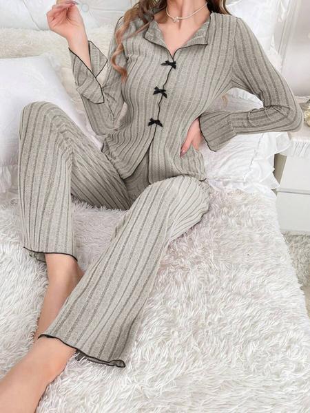 Women's Solid Lettuce Trim Top & Pants Loungewear Two-Piece Set, Casual Comfy Long Sleeve V Neck Top & Trousers PJ Set, Ladies Sleepwear for All Seasons Women's Solid Lettuce Trim Top & Pants Loungewear Two-Piece Set, Casual Comfy Long Sleeve V Neck Top & Trousers PJ Set, Ladies Sleepwear for All Seasons