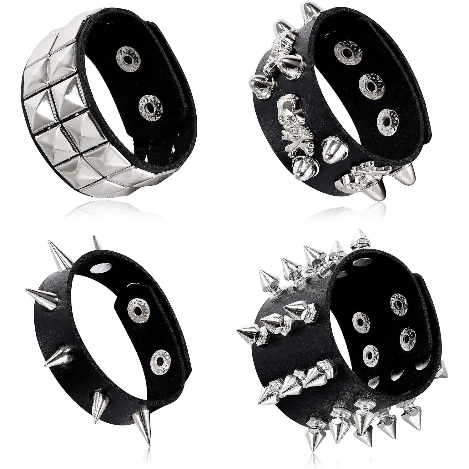 4 count Spiked Studded Bracelet Black Leather Punk Bracelet Cuff for Men Women Adjustable Metal Wristband Gothic Accessories