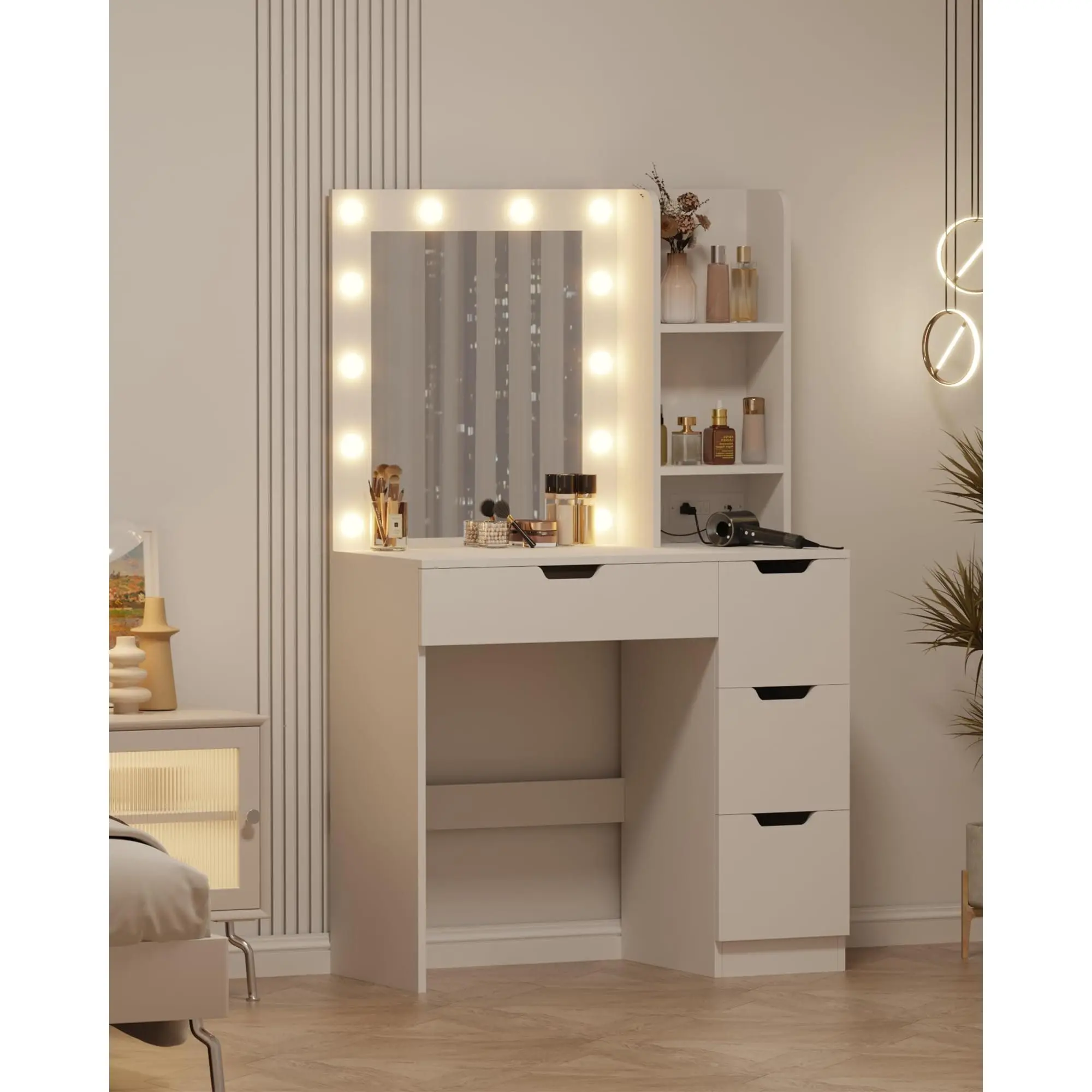 Vanity Desk with LED Lighted Mirror, Power Outlet, 3 Color Modes & Adjustable Brightness, 4 Drawers & Storage Shelves for Bedroom, Bathroom Makeup Vanities