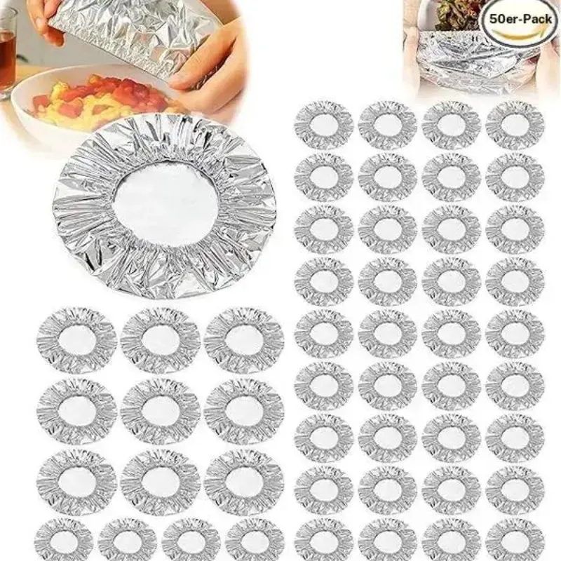 50 Piece Detachable Metal Aluminum Foil Insulating Lids, Adjustable Food Storage Covers for Kitchen Bowls, Pots, and Containers