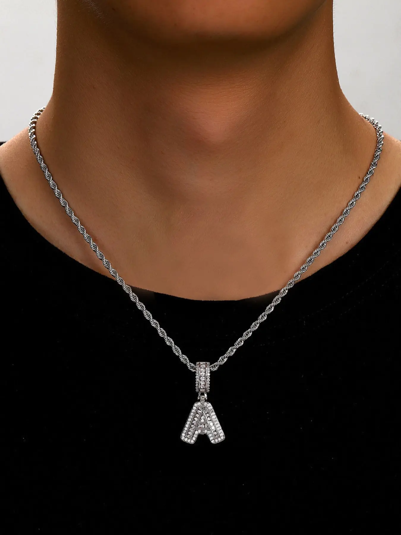 Iced Out Initial A-Z Letter Pendant Necklace for Men, Silver Color Twist Rope Chain, Hip Hop Bling Crystal Alphabet Jewelry, Personalized Name Gift