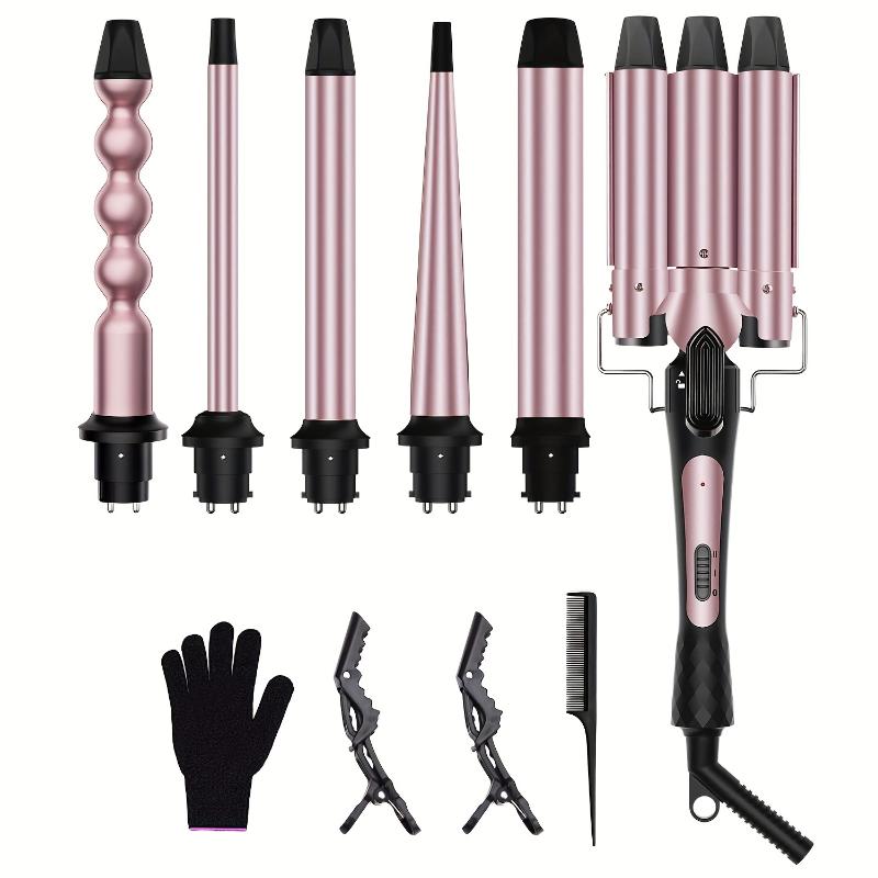 6in 1 Curling Iron, 3 Barrel Curling Iron Set with Curling Brush (1.5inch) And 5 Interchangeable Ceramic Curling Wand(0.35"-1.25"), Curling Hair, Salonquality Curls, Hair Styling Tool, Sleek Design, Professional Curling Wand, Ceramic Coated