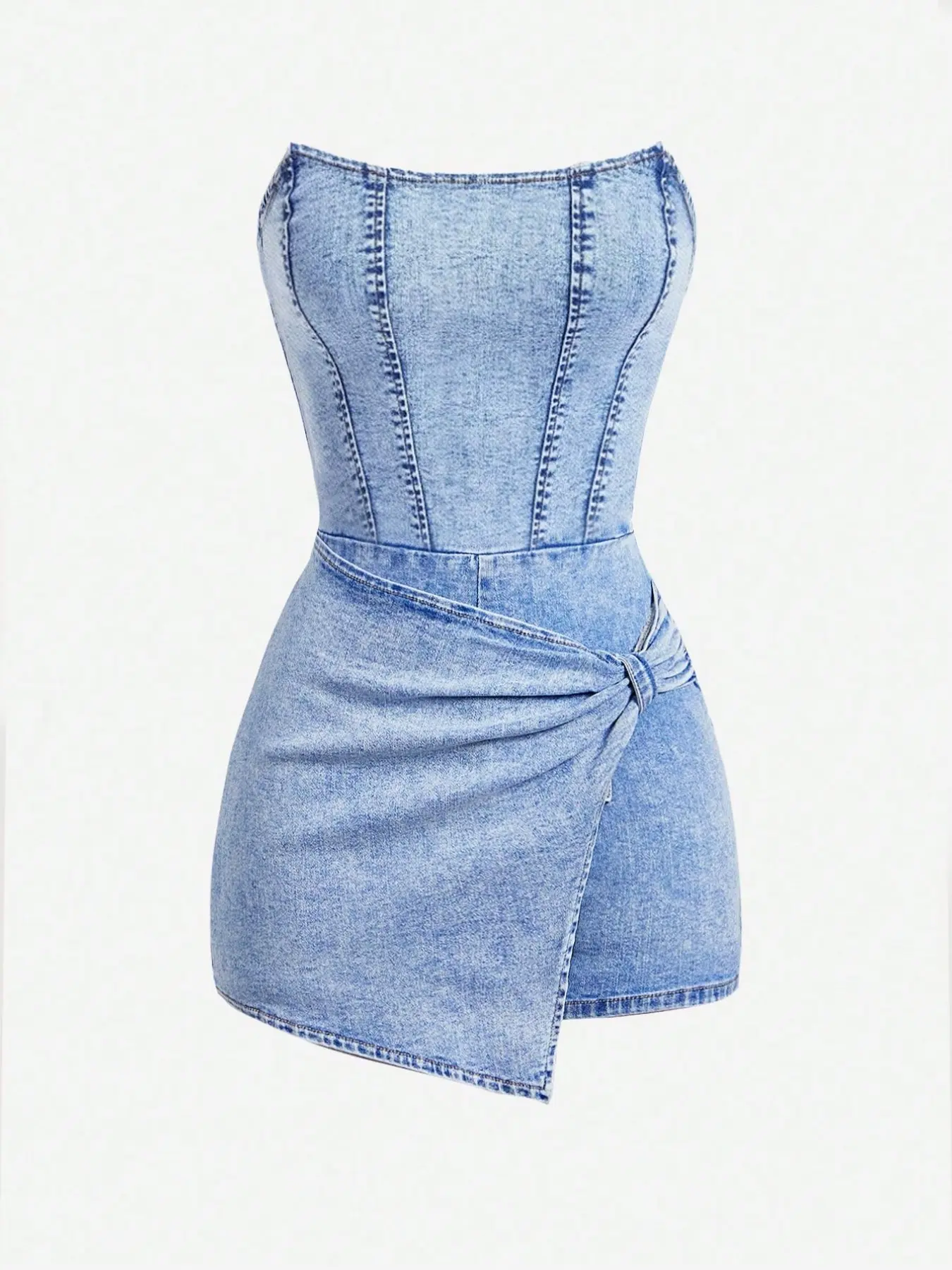 Plus Size Vintage Washed Denim Skirt Pants, Bustier Knot Front Bodycon Mini Dress, Casual Solid Pattern, Unlined Plain Surface