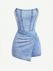 Plus Size Vintage Washed Denim Skirt, Strapless Knot Front Bodycon Mini Dress, Retro Style Women's Clothing, Comfortable & Stylish, Casual Wear, Light Wash