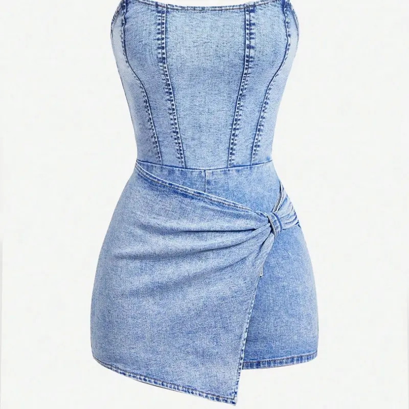 Plus Size Vintage Washed Denim Skirt Pants, Bustier Strapless Knot Front Bodycon Mini Dress, Casual Solid Pattern, Unlined Plain Surface