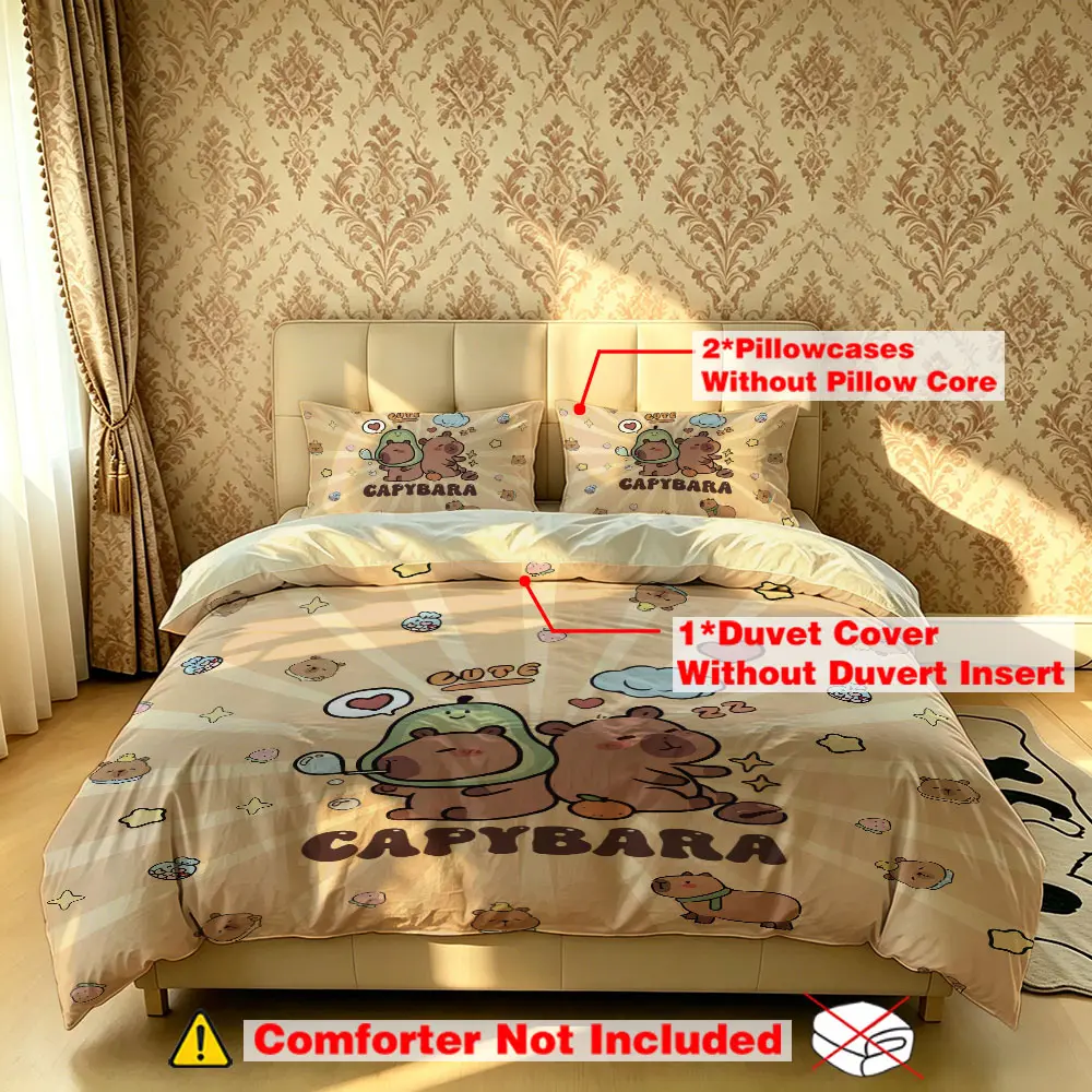 The 3-piece Capibara "CUTE" Comfy bedding set includes one duvet cover and two pillowcases, without filling. It is soft and comfortable, suitable for single beds and double beds, and ideal for use in bedrooms, dormitories, and hotels.