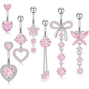 7Pcs 14G Dangle Belly Button Rings, Surgical Steel CZ Jewelry