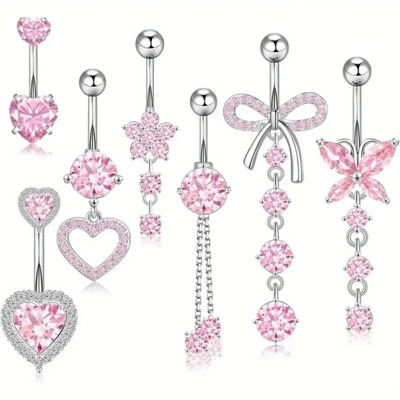 7-Piece Cute Dangle Belly Button Rings, 14G Surgical Steel & CZ Heart Butterfly Jewelry for Women, Hypoallergenic Body Piercings Set for Beach, Cute Belly Button Rings, Fashion Body Jewelry, Body Jewellery, Navel Piercing Jewelry