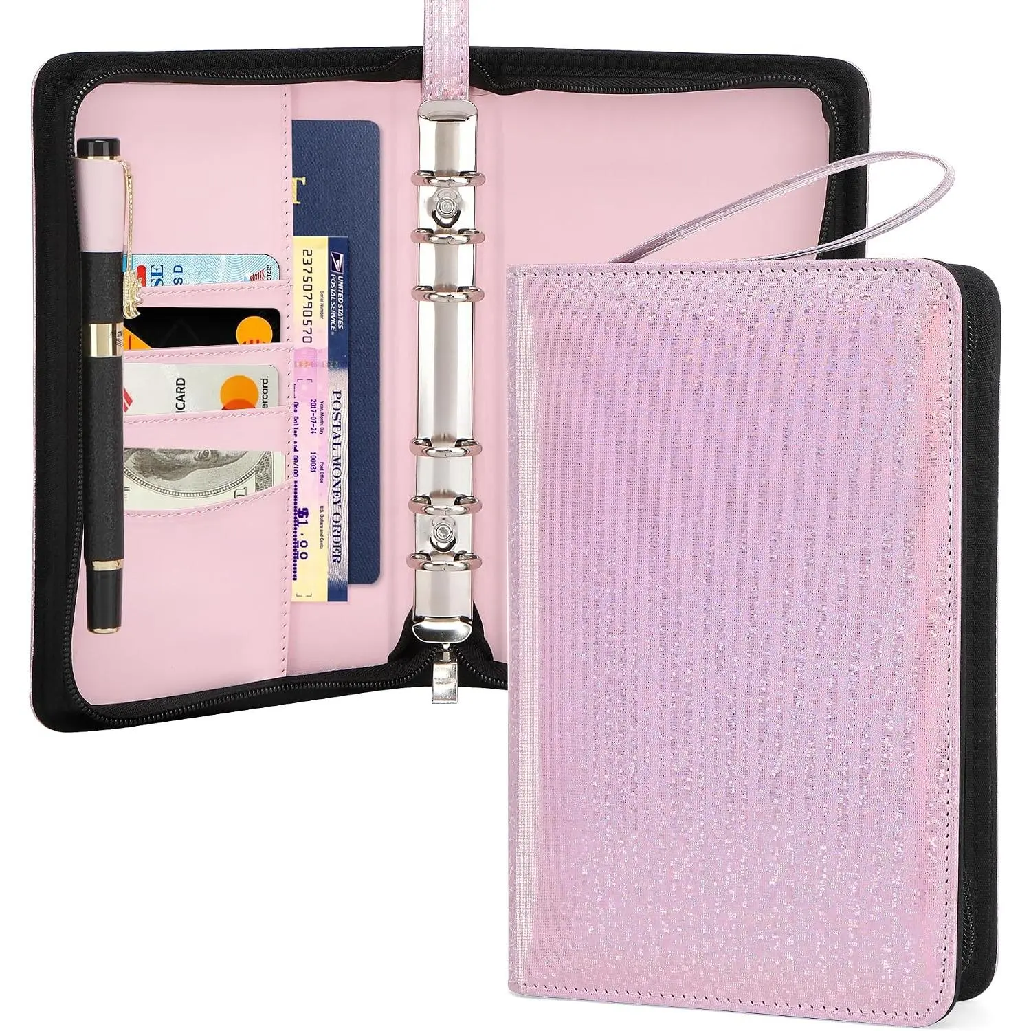 A6 Budget Binder with Zipper, 6 Ring Refillable Planner Binder Cover for A6  Budget System, PU Leather Personal Organizer Personal Wallet Binder, Glitter