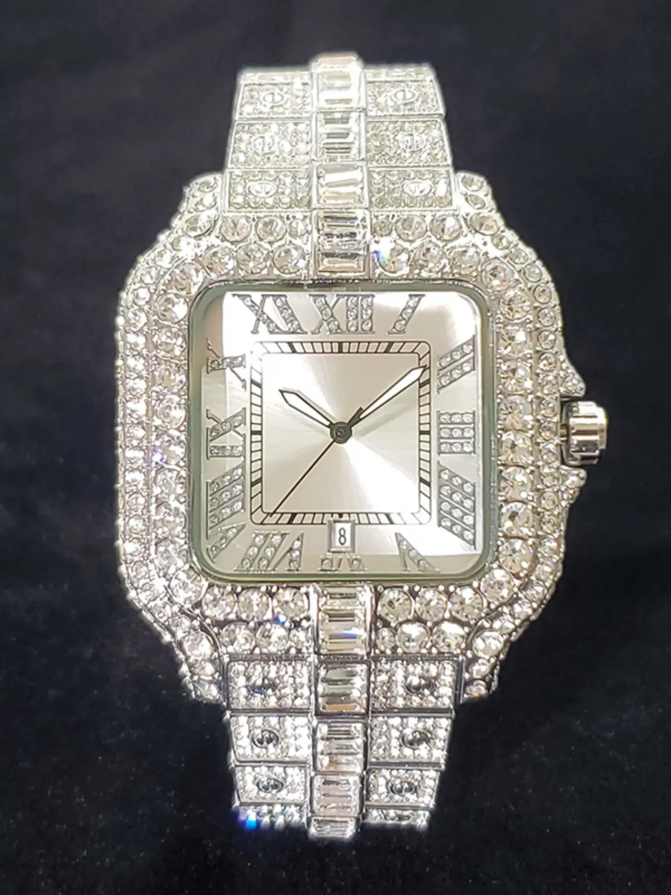 Men's Full Diamond Square Watch, Quartz Watch, Ice Blue Roman Dial, Hip Hop Rhinestone Wristwatch, Street Style
