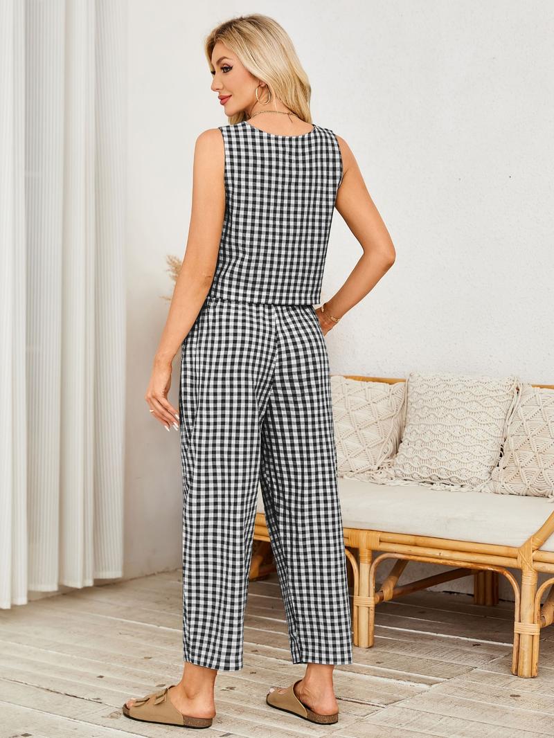 【Plus Size】 Women's Plaid Print Tank Top & Wide Leg Pants, Casual Two-Piece Set for Summer, Women's Clothes for Daily Wear
