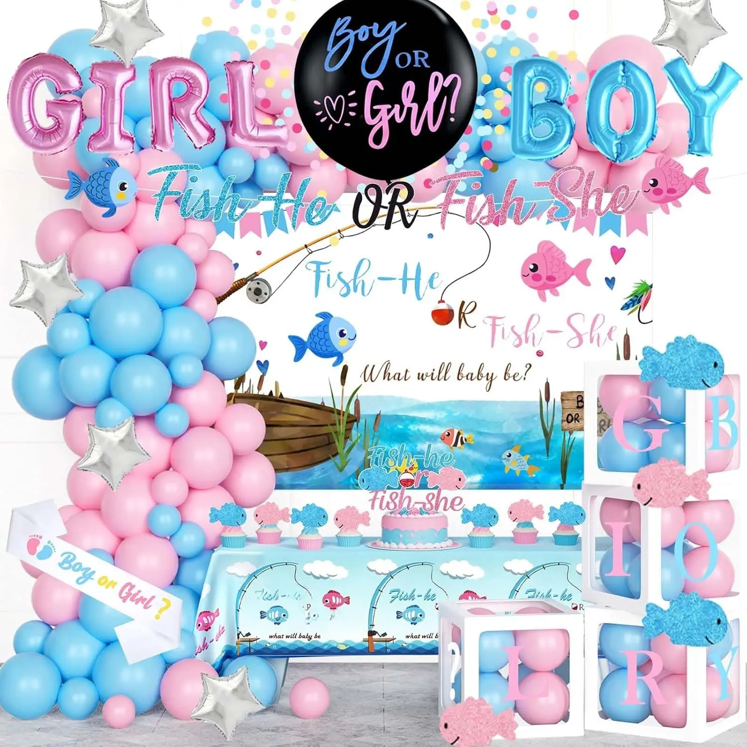 Fishing  Decorations,  Boy or Girl  Party Decor, Fish She or Fish He Backdrop Balloon Banner Tablecloth Box Sash for Gone Fishing  Shower Supplies