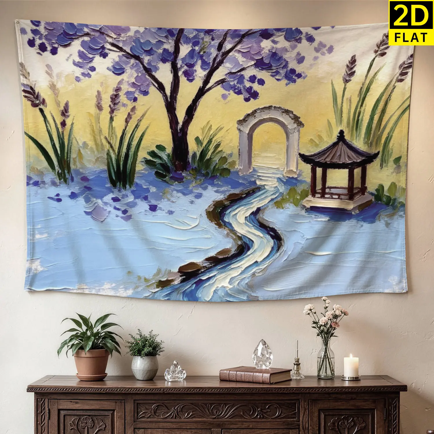 Purple Impressionist Garden Pavilion Archway Wall tapestry,Large size Printed Horizontal Tapestry blanket,Polyester Fabric Wall Hanging for living room,bedroom,No Installation Required,Indoor,Outdoor,Gift for Family and Friends