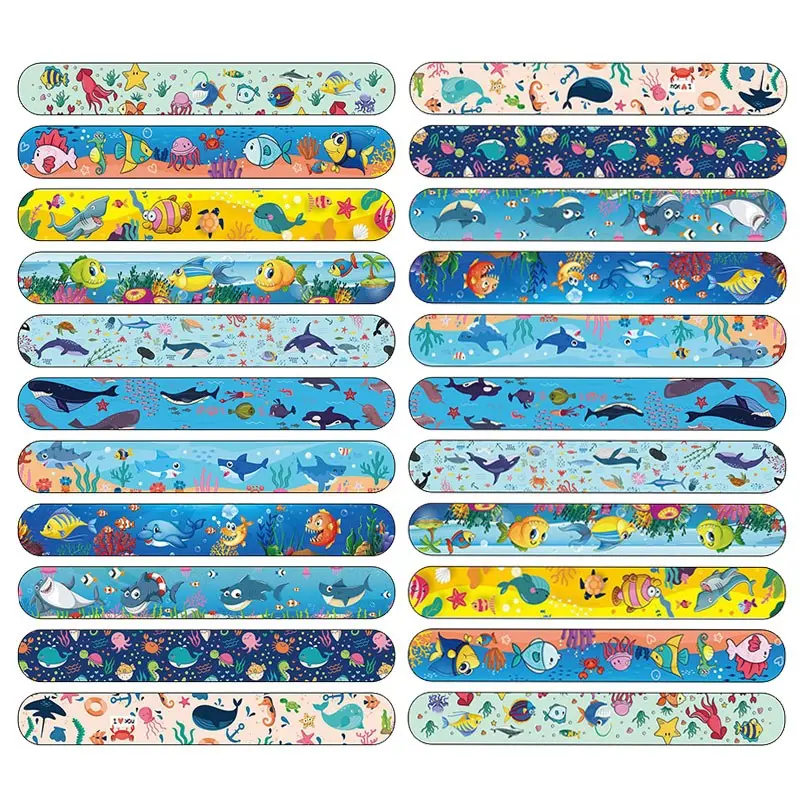 24pcs Ocean Sea Animal Slap Bracelets, Shark Dolphin Turtle Snap Wristbands, Reusable PVC Band, Party Favors, Birthday Prizes