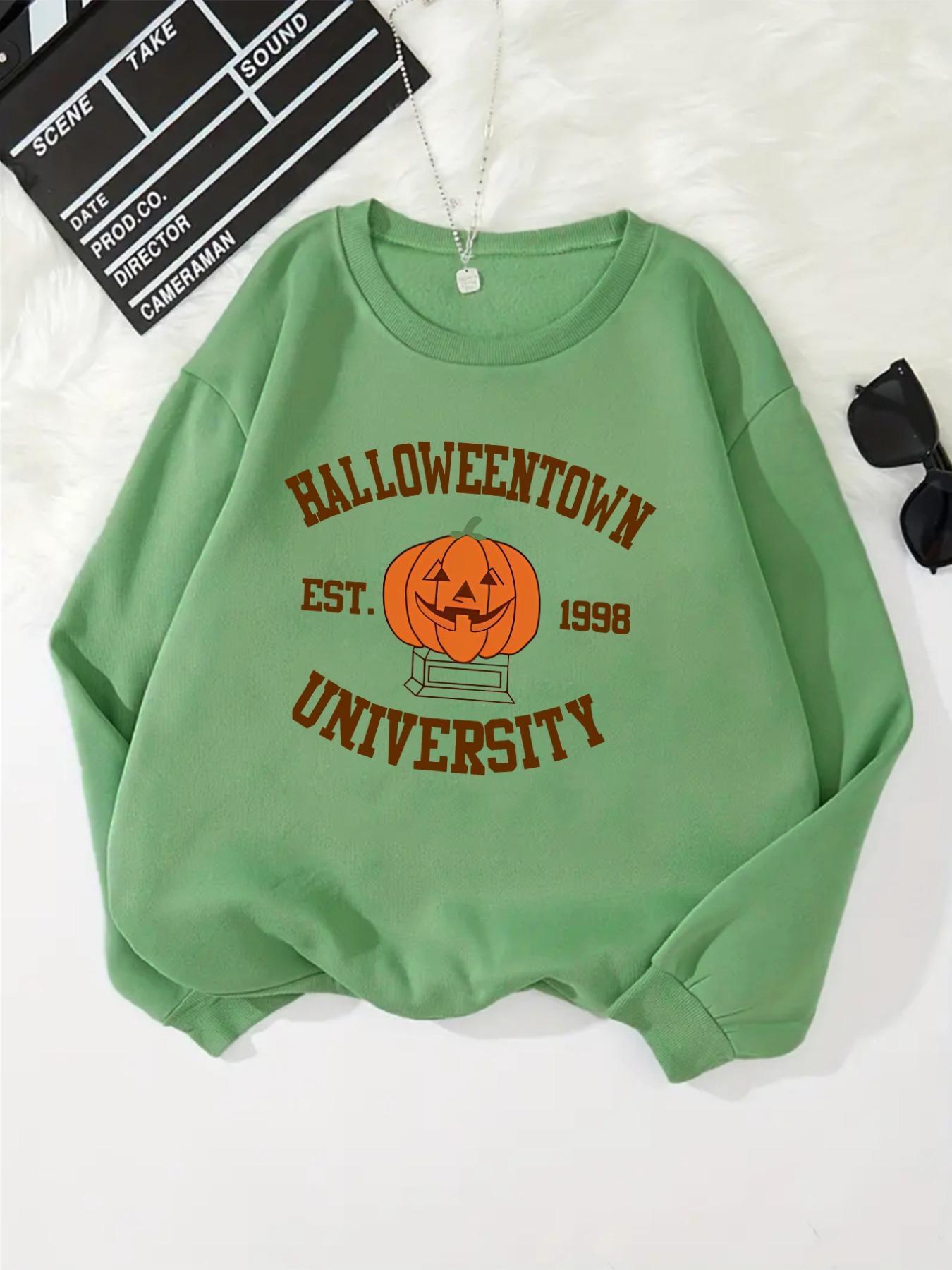 Women's Letter Print Drop Shoulder Sweatshirt, Casual Halloween Long Sleeve Round Neck Pullover for Spring & Fall, Lady Clothes for Daily Wear Black Girl Outfits