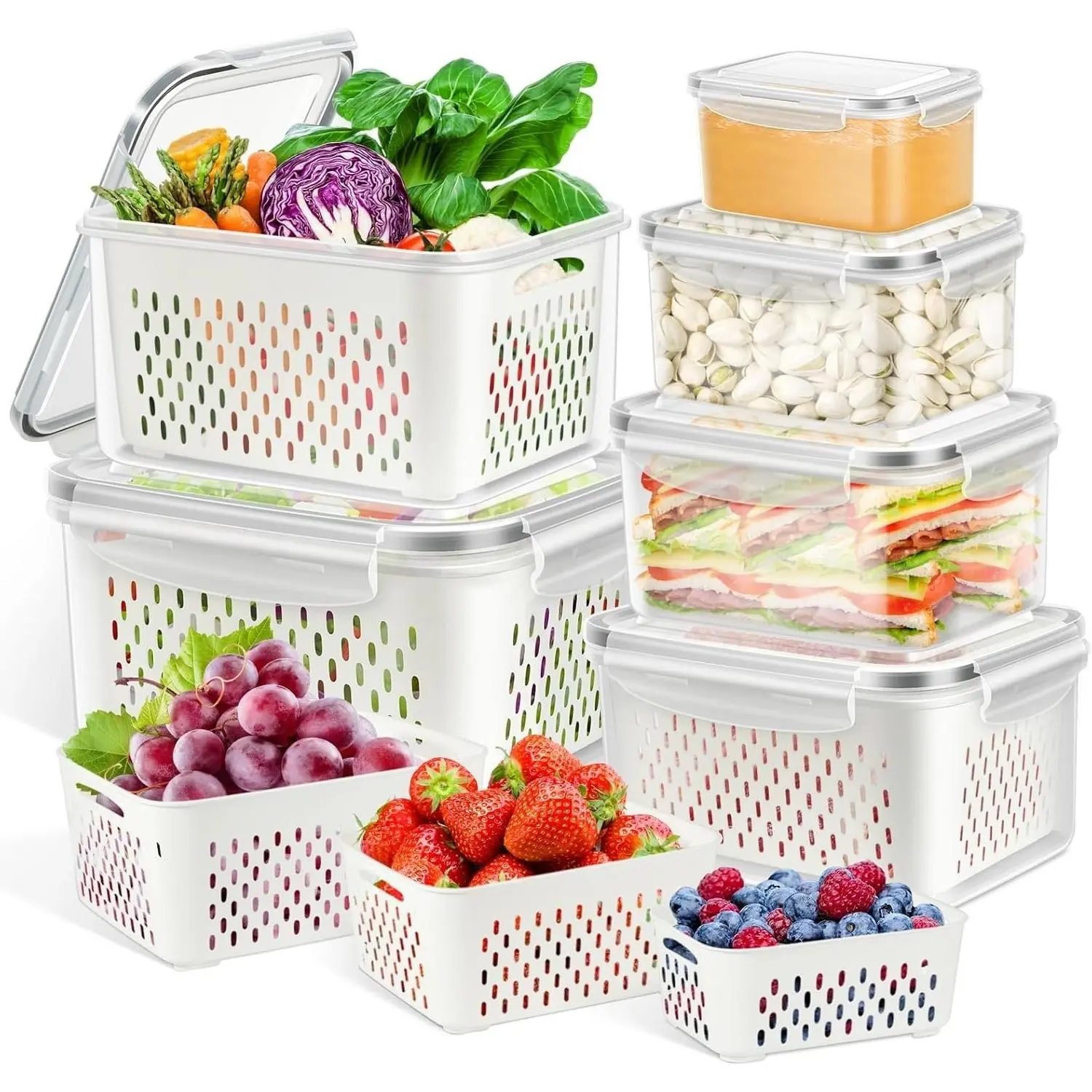 12-Piece Fruit Storage Containers for Fridge, 6 Large Produce Saver Boxes with Airtight Lids & Colanders for Berries, Lettuce, Salad and Vegetables, Refrigerator OrganizerGift