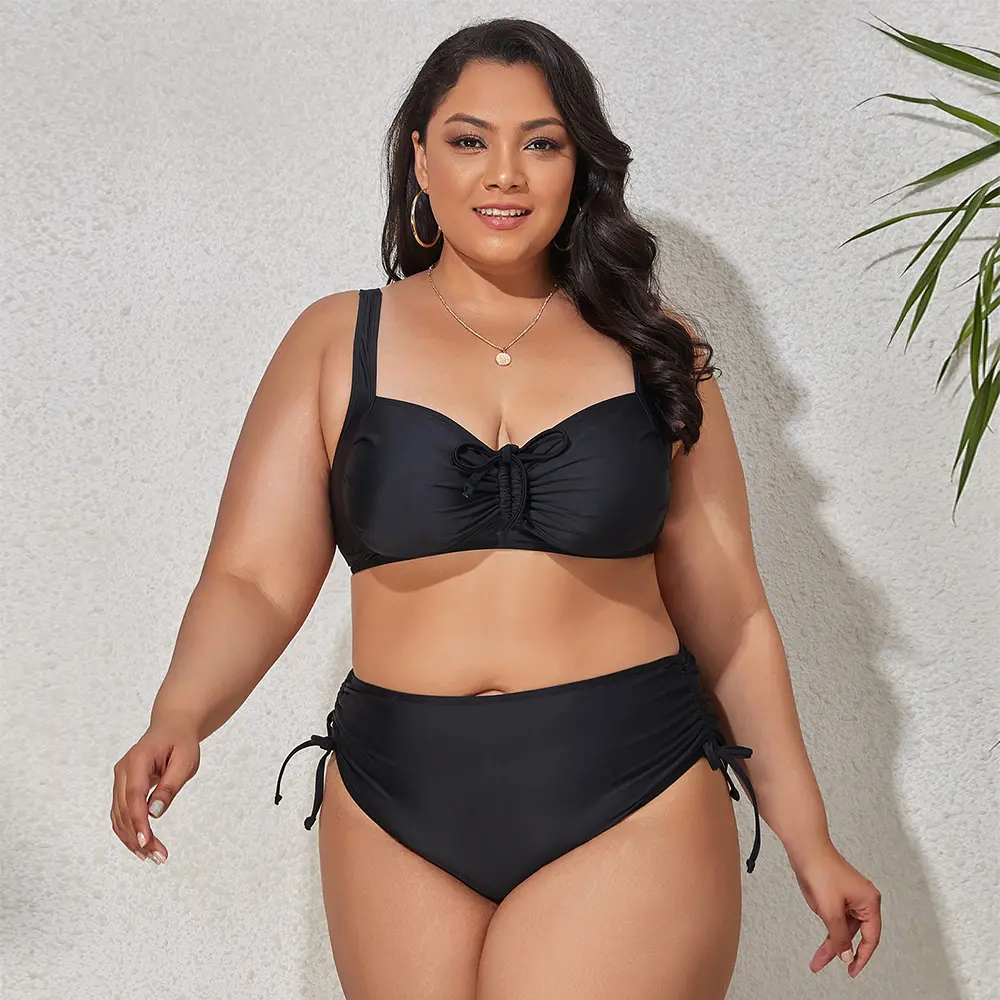 Plus Size Two‑Piece Bikini Swimsuit, Non‑Underwire Ruched Top & High‑Waisted Side Drawstring Bottom, Multiple Print Options for Beach Pool Vacation cute style fashionable match sexy plain set fashion gold hardware couple swimwear trendy beachwear