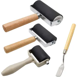 4 Pack Rubber Brayer Rollers, 3 Sizes (1.4 in, 2.4 in, 4 in) with 1 Scraper, Ink & Paint Applicator Tool for Printmaking, Crafting, Oil Painting Art Crafts