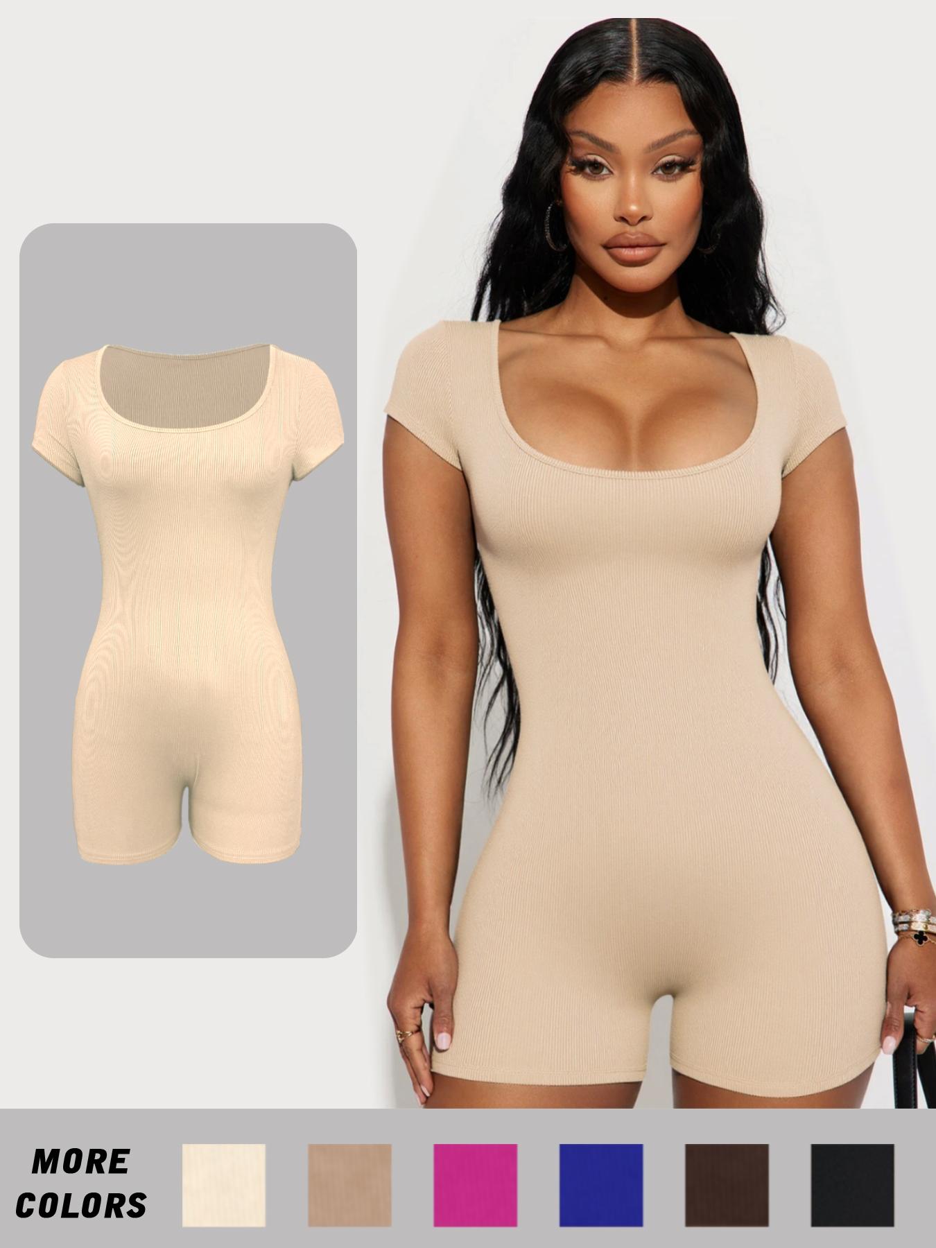 Women's Solid Scoop Neck Skinny Romper, Casual Short Sleeve Bodycon Romper, Lady's Summer Clothes for Daily Wear