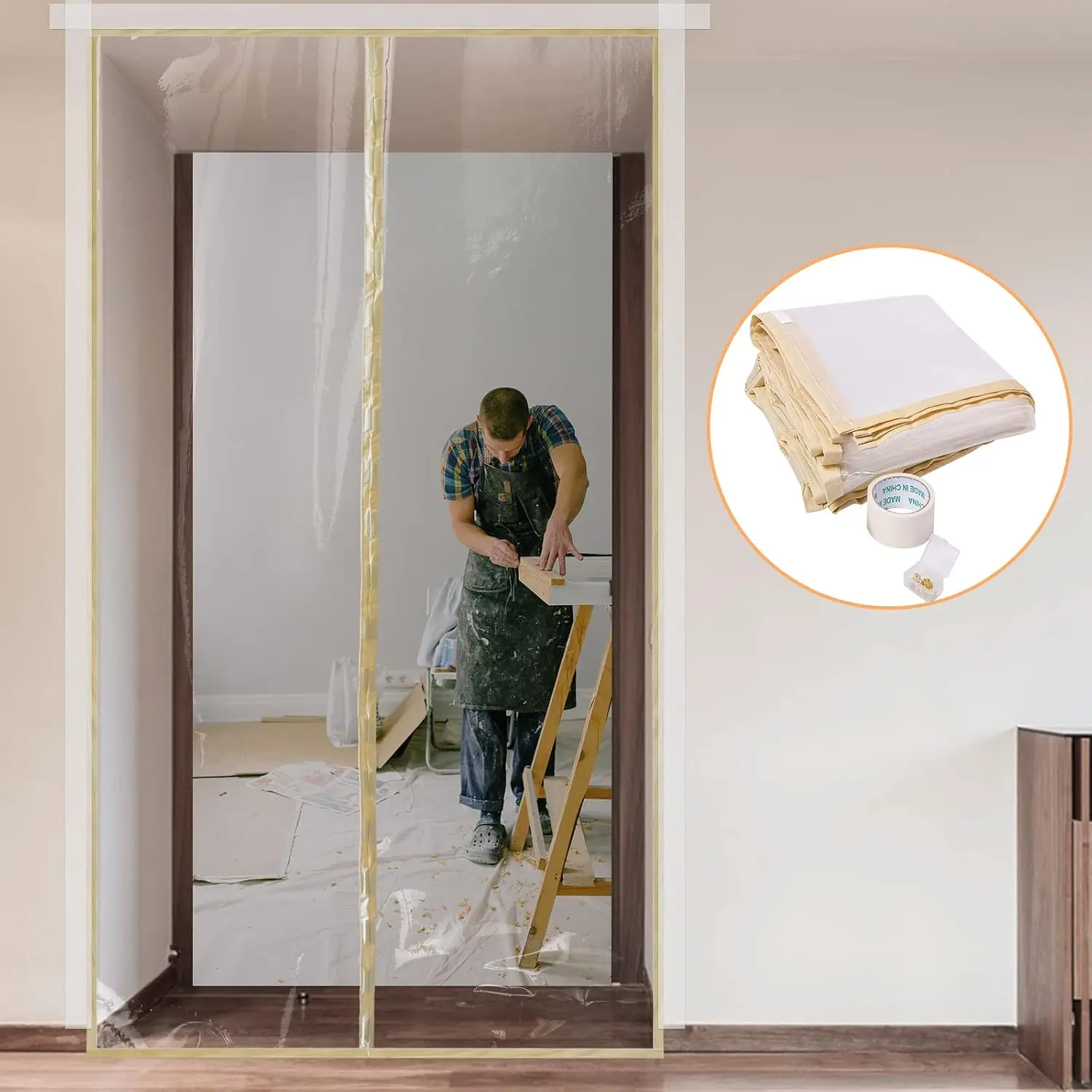 Light Transparent Modern Dust Barrier Plastic Zipper Door Dust Protection Tool Kit, Construction Door Cover for Kitchen & Bathroom Remodel, Fits 4'W x 7.5'H Standard Doorway Box, 4X7.5 Feet