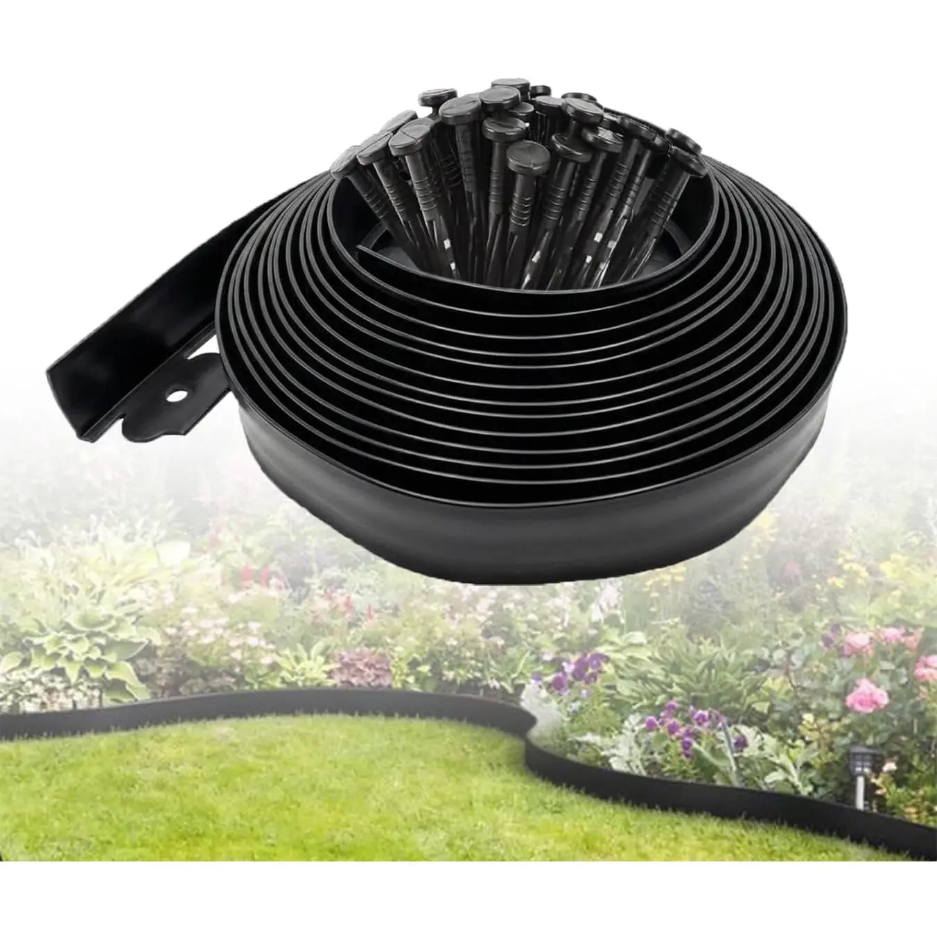 Landscape Edging 66FT,4IN High Garden Edging Borders,Lawn Edging Kit with 100 Spikes, Plastic Fence  DIY for Yard, Tree, Flowerbeds, Landscaping, Grass -Black