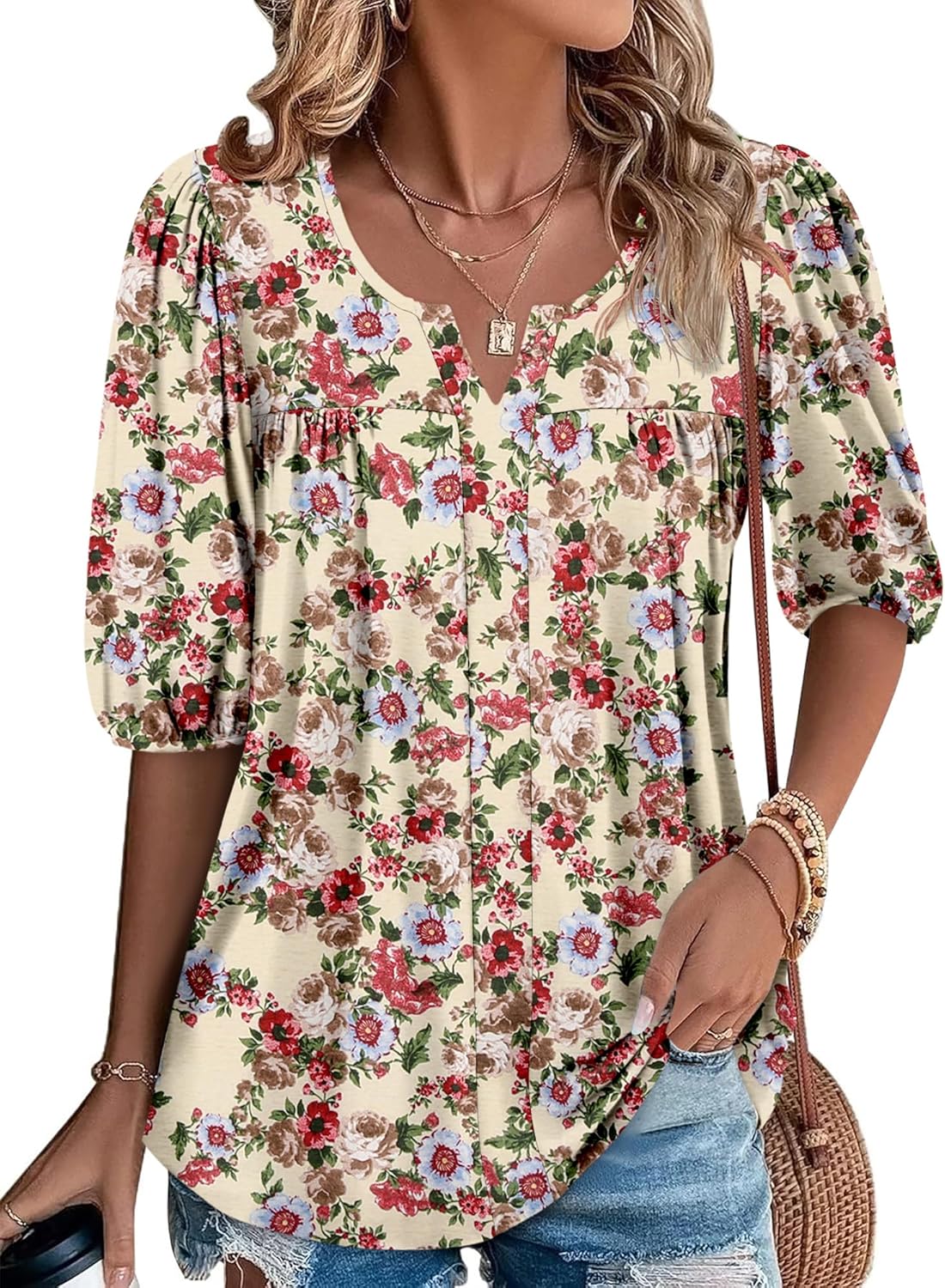 Womens Puff Half Sleeve Summer Tunic Tops Casual Chest Pleated Shirts Work Blouse for Women Dressy