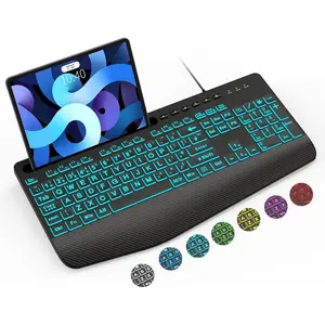K21 Pro Large Print Backlit Keyboard, Wired USB  Keyboards with 7-Colors Backlight, Wrist Rest, Phone Holder,  Letter  Easy to See and Type for Laptop, PC, Windows, Black