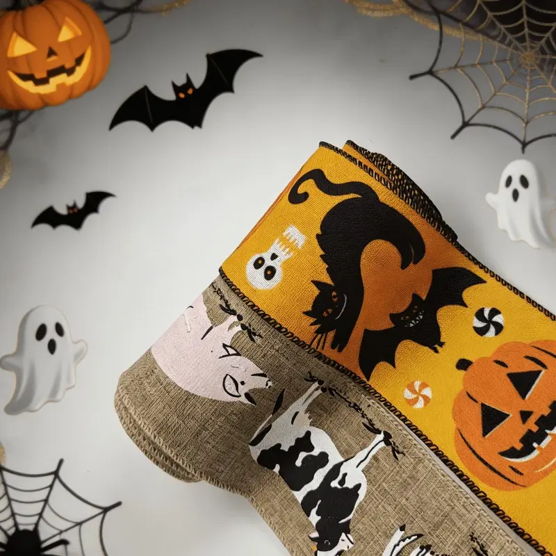 Halloween Harvest Festival Wired Ribbon Kit, 2 Rolls Black Cat Bat & Farm Animal Spooky Farm Print, 2.48 Inch Width Total 10 Yards, for Front Porch Layout, Halloween Gift, Table Centerpiece, Gift Bows