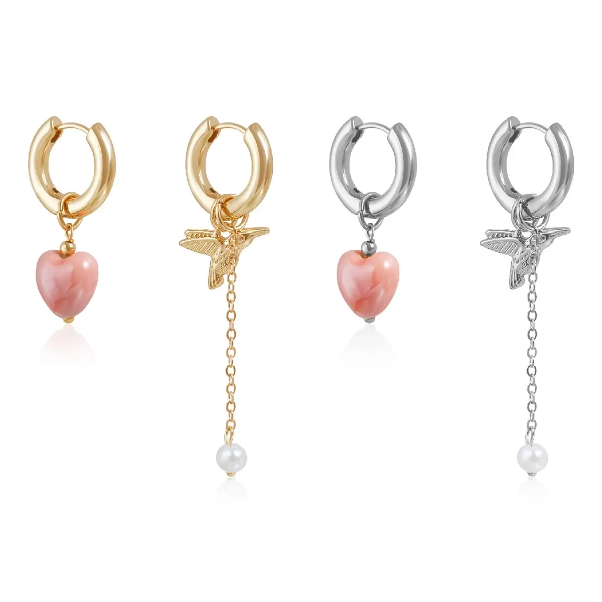 2PCS Asymmetrical Pink Heart Hummingbird Pearl Tassel Huggie Earrings Mismatched Drop Hoop Earrings 2 Colors Gold Silver