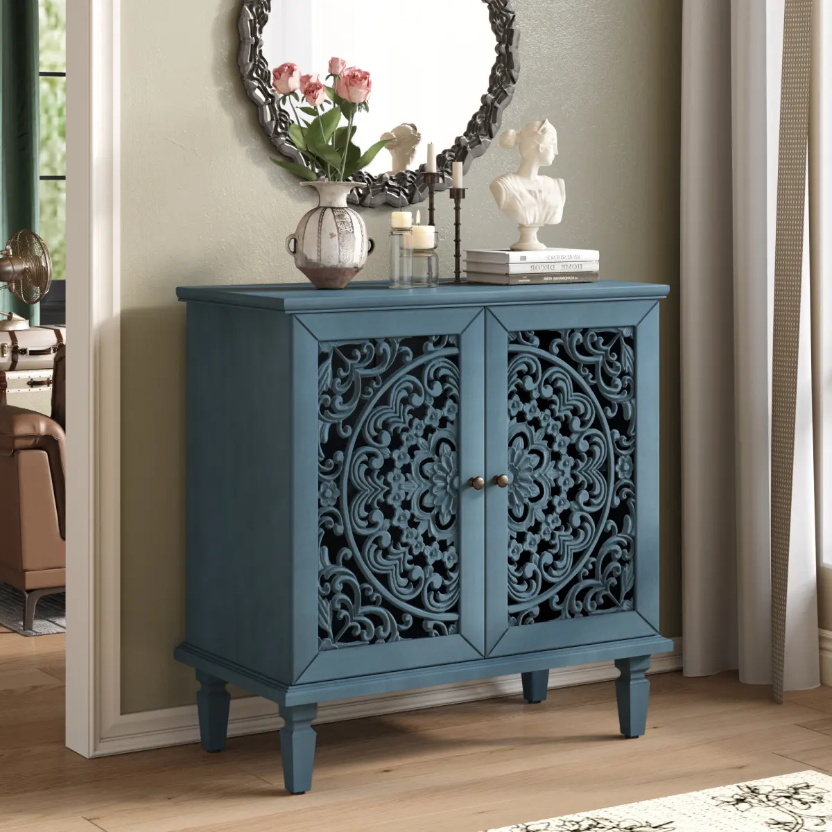 Storage Cabinet Sideboard Vintage Hollow-Carved Accent Cabinet, 2-Door Display Sideboard with Symmetrical Floral Design, Adjustable Shelf and Solid Wood Legs for Living Room Entryway(Antique Blue)