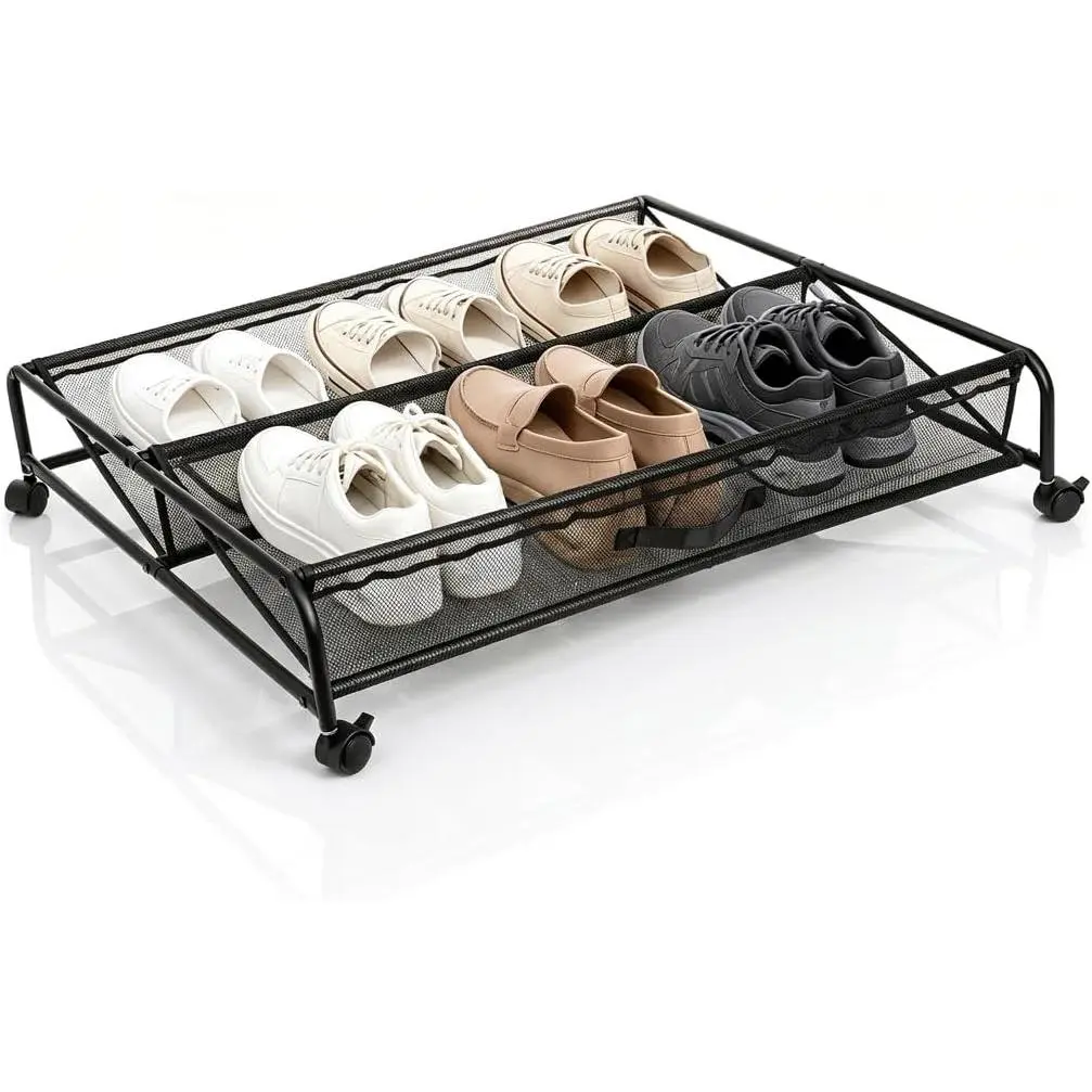 Under Bed Shoe Storage Organizer with Wheels, Rolling Underbed Storage Containers, Metal Shoe Rack Drawer Space Saving for Bedroom Organization, Shoes, Toys (Black)