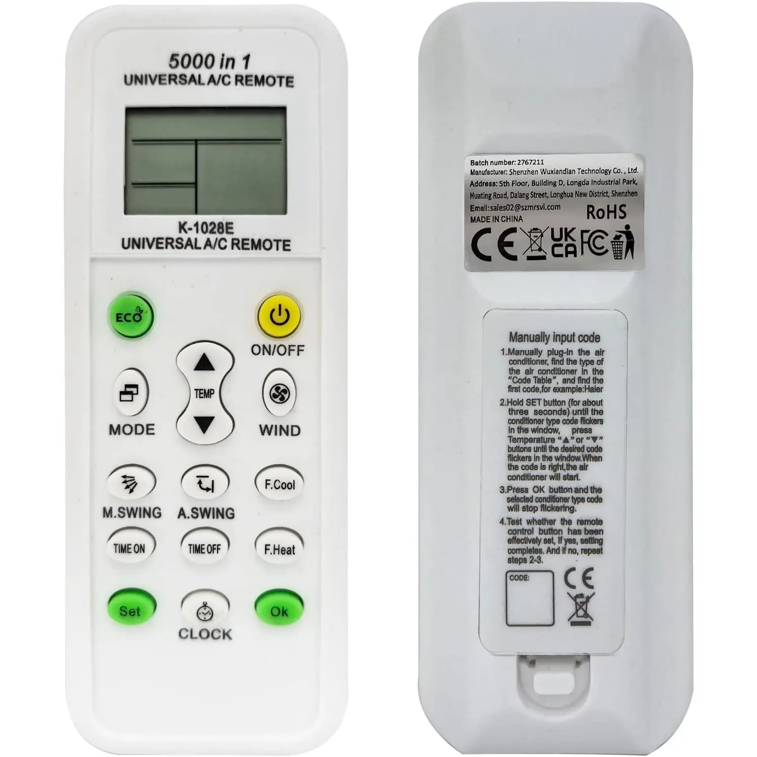 Universal AC Remote Control, 5000-in-1 Multi-Brand Compatible, K-1028E Model, LCD Display